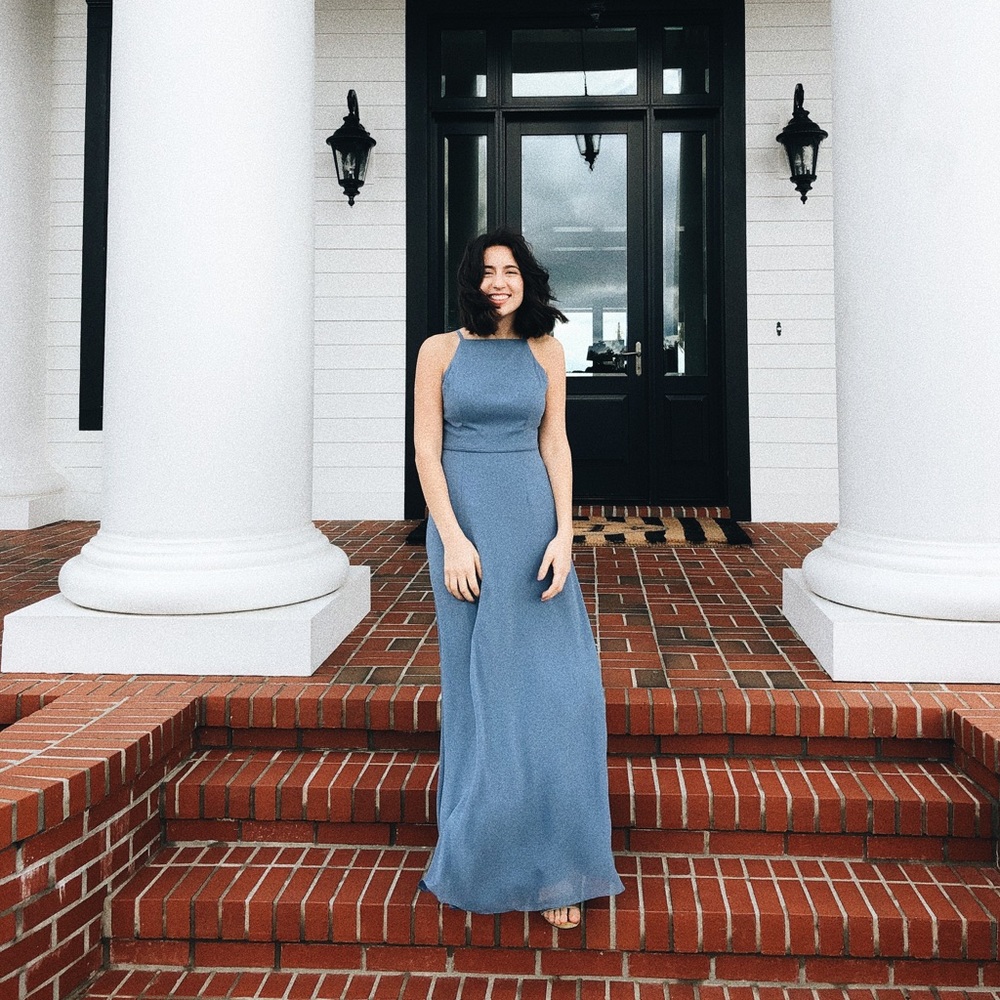 David’s bridal Dress High Neck Chiffon Steel Blue